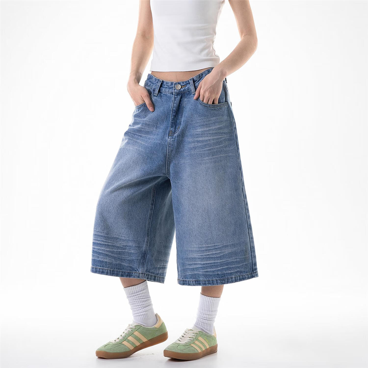 ICH MODE美式复古阔腿牛仔裤女款宽松直筒裤夏季流行百搭七分裤男 浅蓝色 XL