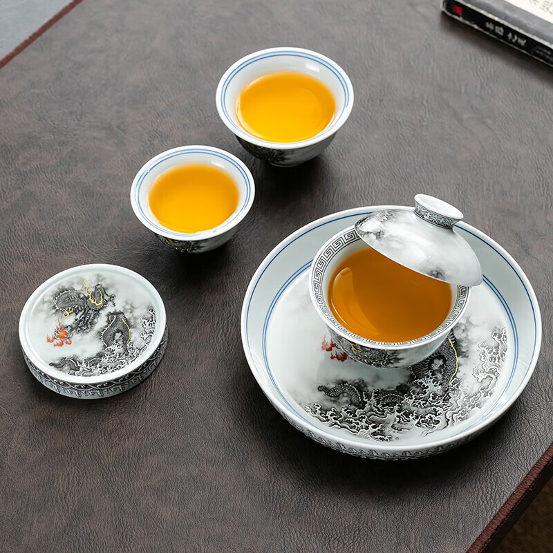 京峰阁 茶具盖碗套装 高档轻奢手工描金家用送礼整套泡茶碗茶杯泡茶器 墨龙悬停盖碗(一盖碗二杯)