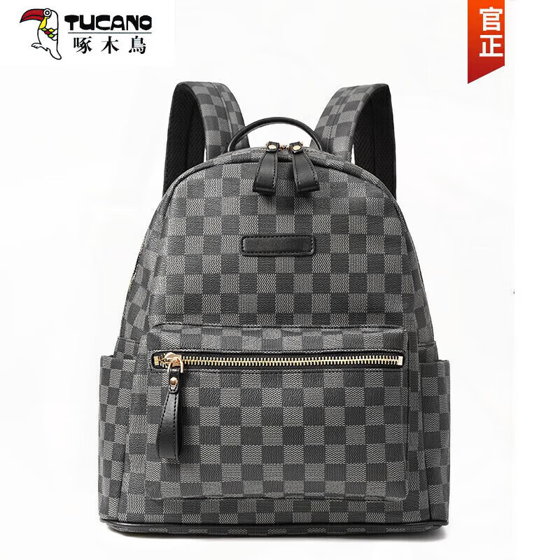 啄木鳥（TUCANO）潮牌時(shí)尚新款背包 經(jīng)典格子圖案雙肩包男士戶外旅行包大學(xué)生書包 黑色格子