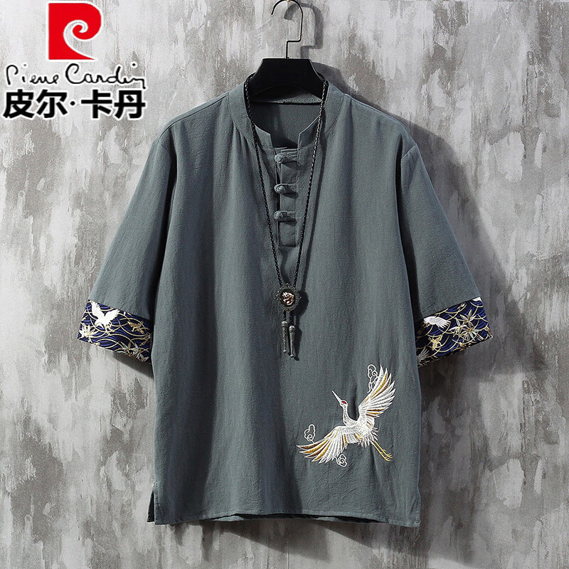 皮爾卡丹（pierre cardin）亞麻短袖t恤男刺繡夏季薄款寬松大碼唐裝衣服中國風(fēng)男裝棉麻體恤 煙灰藍(lán) 立領(lǐng)polo衫 M 100-125斤