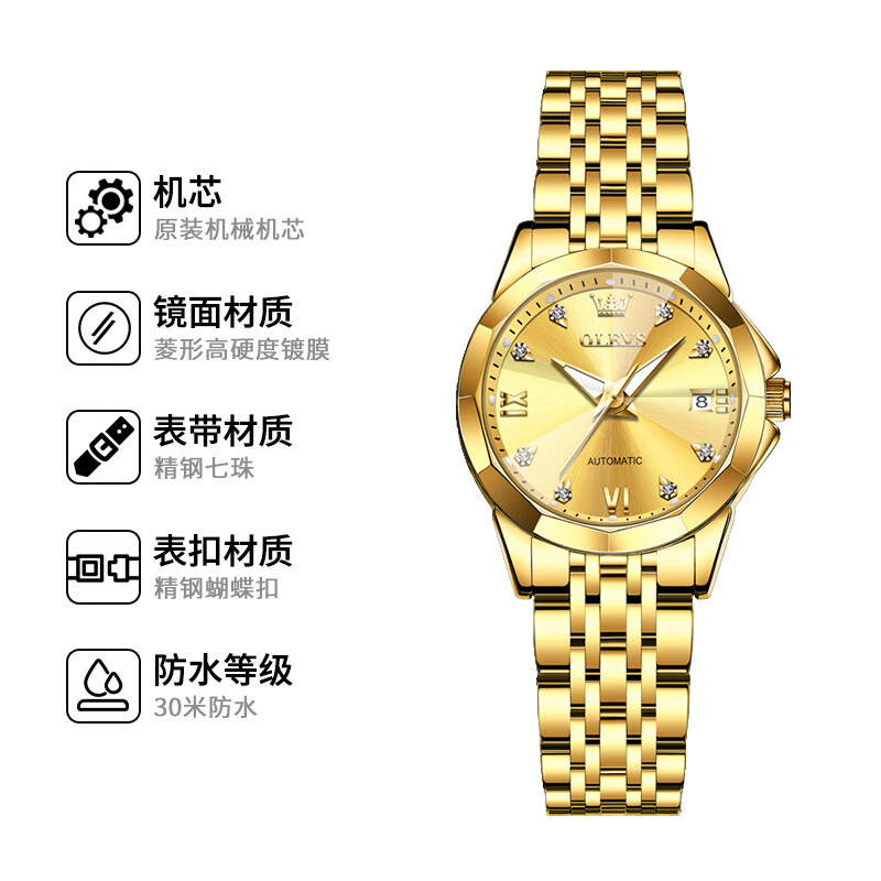 欧利时(OLEVS)瑞士高端品牌十大名表2026新款手表女士机械表全自动夜光防水女表 【典藏版】钢带全金女 免费刻字 五年只换不修