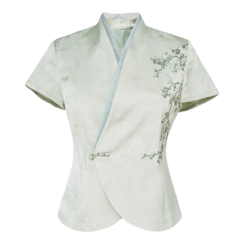 秀觀唐秀观唐翠梅2025夏装新中式国风改良绣花茶人服汉交领唐装开襟上衣 豆绿色 M