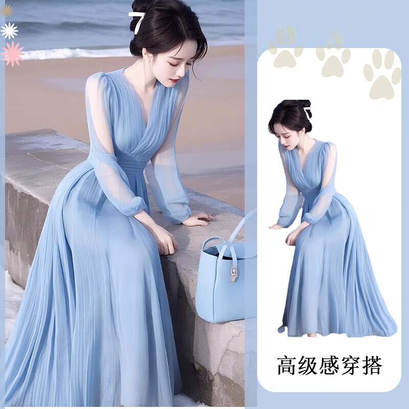 燕潯春季流行穿搭大碼掐腰長裙女感沙灘海邊度假溫柔藍(lán)色連衣裙子 藍(lán)色 L 【建議101-120斤】