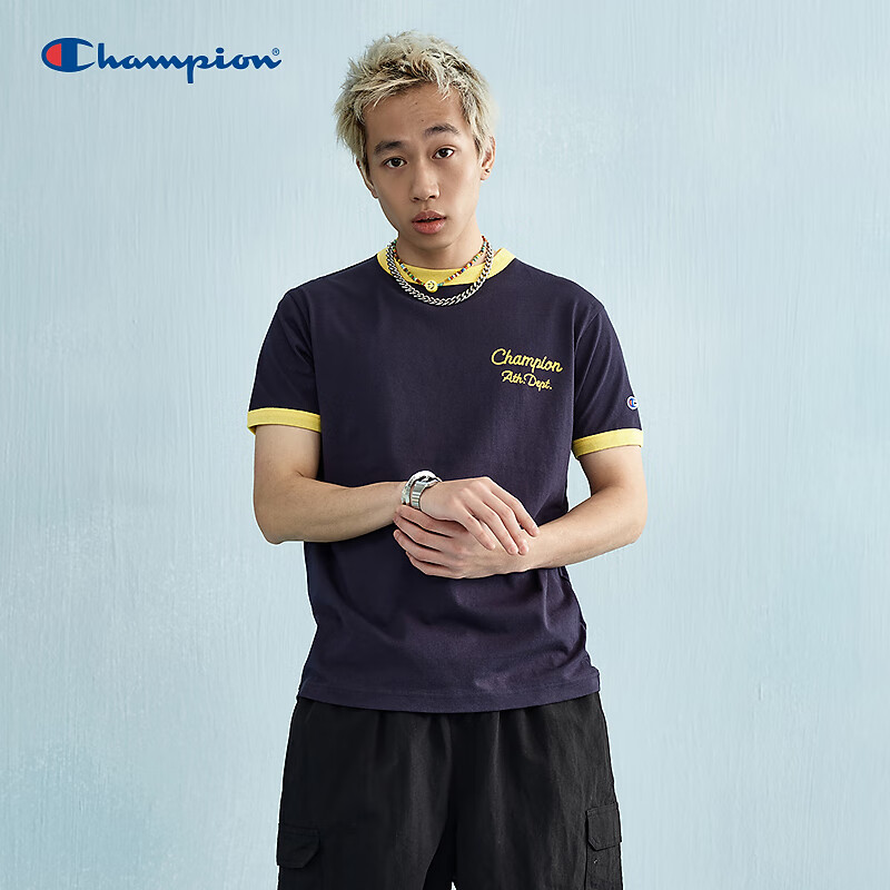 Champion冠军情侣短袖新款撞色拼接夏季T恤休闲纯棉潮牌 藏青色 L