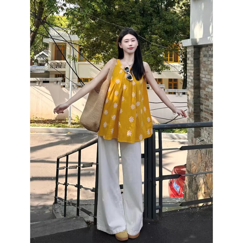 曦牧遙法式復(fù)古黃色碎花吊帶背心女夏季純欲寬松顯瘦小眾無(wú)袖設(shè)計(jì)感上衣 黃色 M
