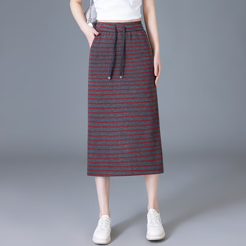 AHZA条纹半身裙女2025春夏季新款松紧高腰卫裙中长款休闲运动包臀裙子 红色 均码 s