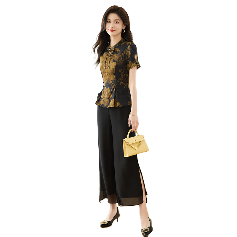可蓓兒國風(fēng)新中式套裝夏女2025媽媽減齡復(fù)古旗袍上衣時(shí)髦闊腿褲套裝 L