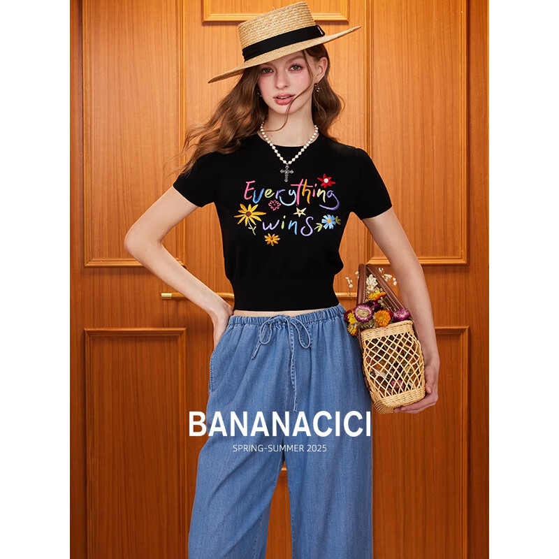 banana cici2025年夏季新款原创胜利花刺绣100%莱赛尔短袖针织衫C252MY624 黑色 XL