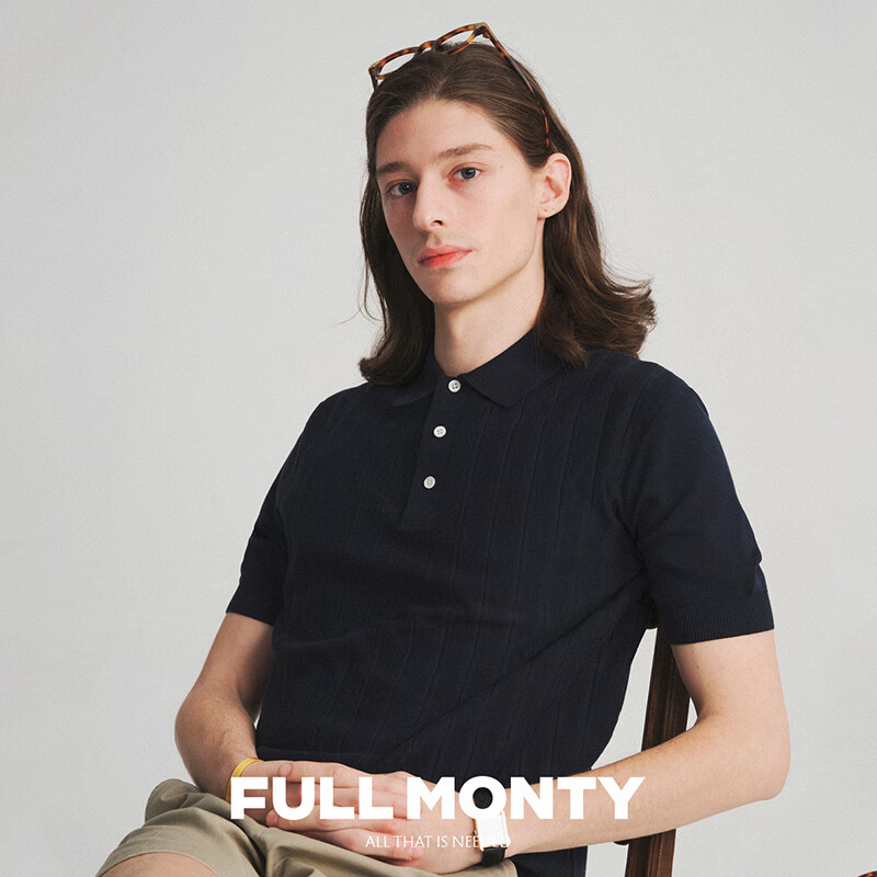 FULL MONTY新款男士竖条珠地POLO衫休闲商务翻领纯棉短袖 藏青色70066 L