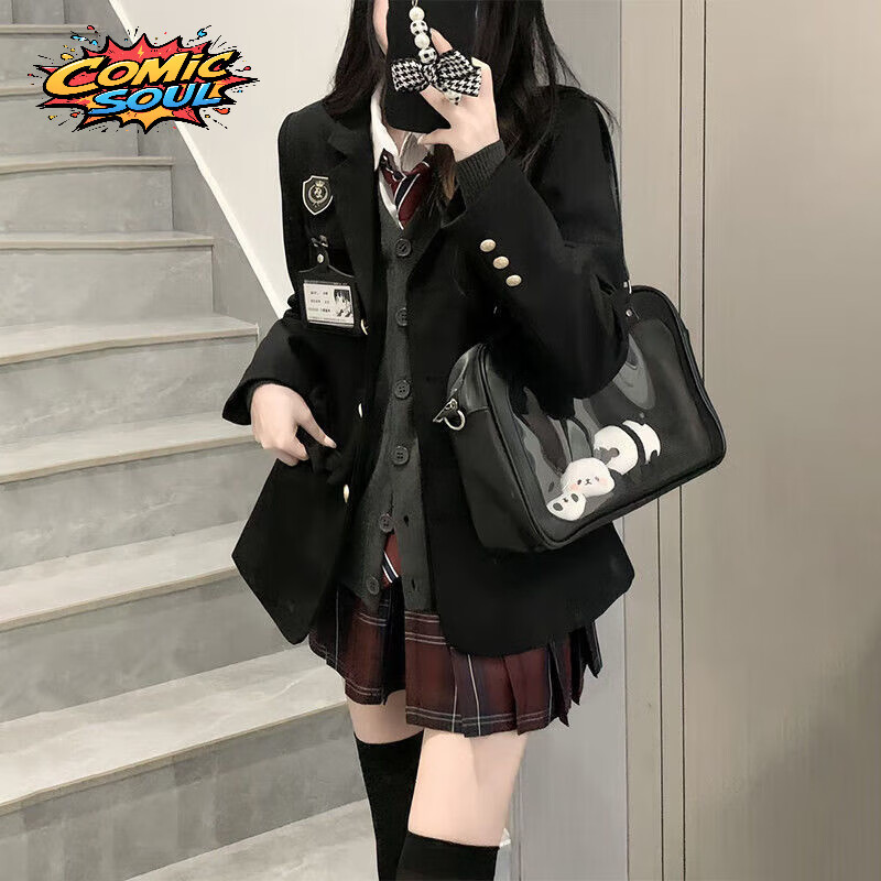 COMIC SOUL原创jk制服套装女秋冬款正版学院风校供格裙子针织开衫叠穿一整套 四件套深灰开衫+衬衫+玄红裙+红领带 S