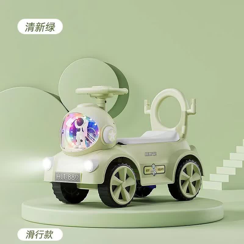 卡宾欧儿童电动车婴儿推车可坐人扭扭溜娃推杆滑行车三合一溜溜车户外玩 清新绿+音乐灯光 标配滑行款+92%安装