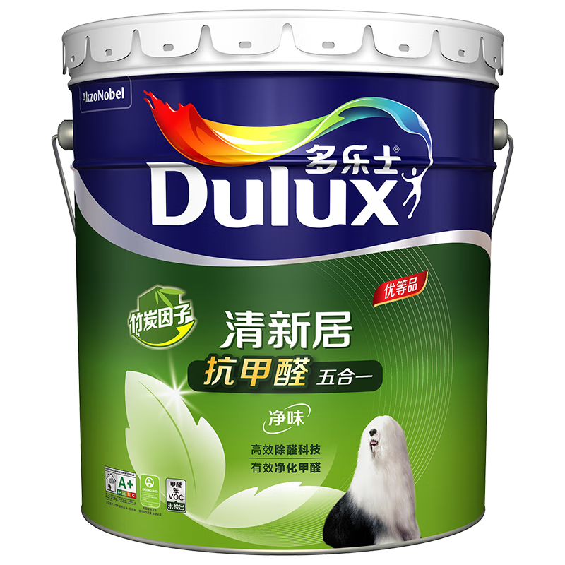 多乐士（Dulux）清新居抗甲醛五合一A8158净醛竹炭耐擦洗5合1内墙面漆18L【白漆】