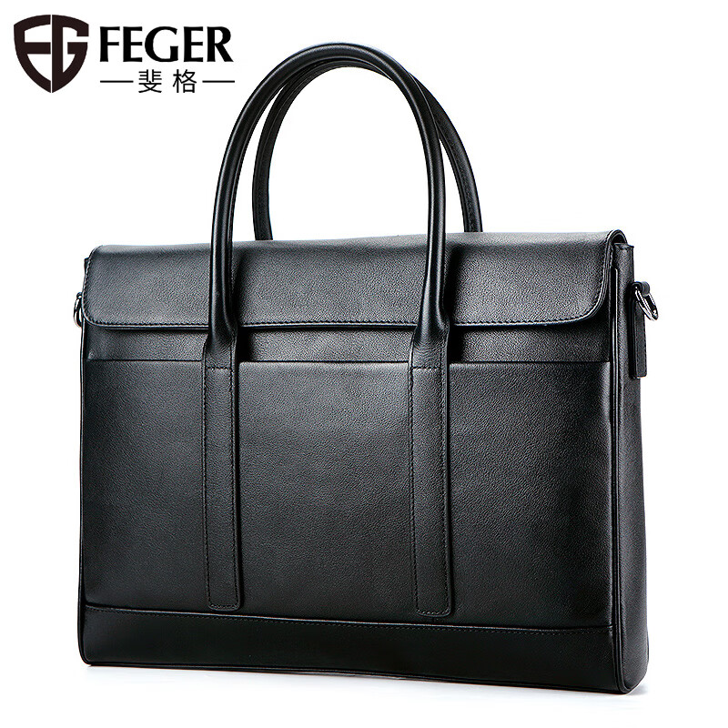 斐格男士手提包商务公文包男真皮斜挎包电脑包轻奢牛皮单肩包大容量 经典黑(14英寸头层牛皮) 14英寸