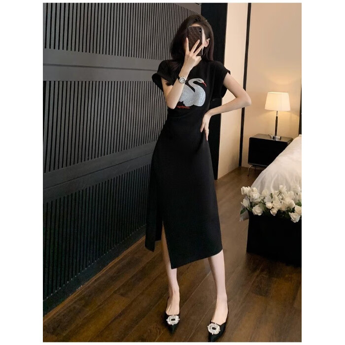 连衣裙女夏装2025夏季新款气质修身显瘦开叉长裙子夏天粉色黑色 黑色 M