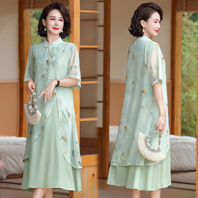 孜颜妈妈连衣裙中老年女装夏装国风旗袍裙假两件50-60岁洋气中长裙子 2851绿色 XL 建80-100斤