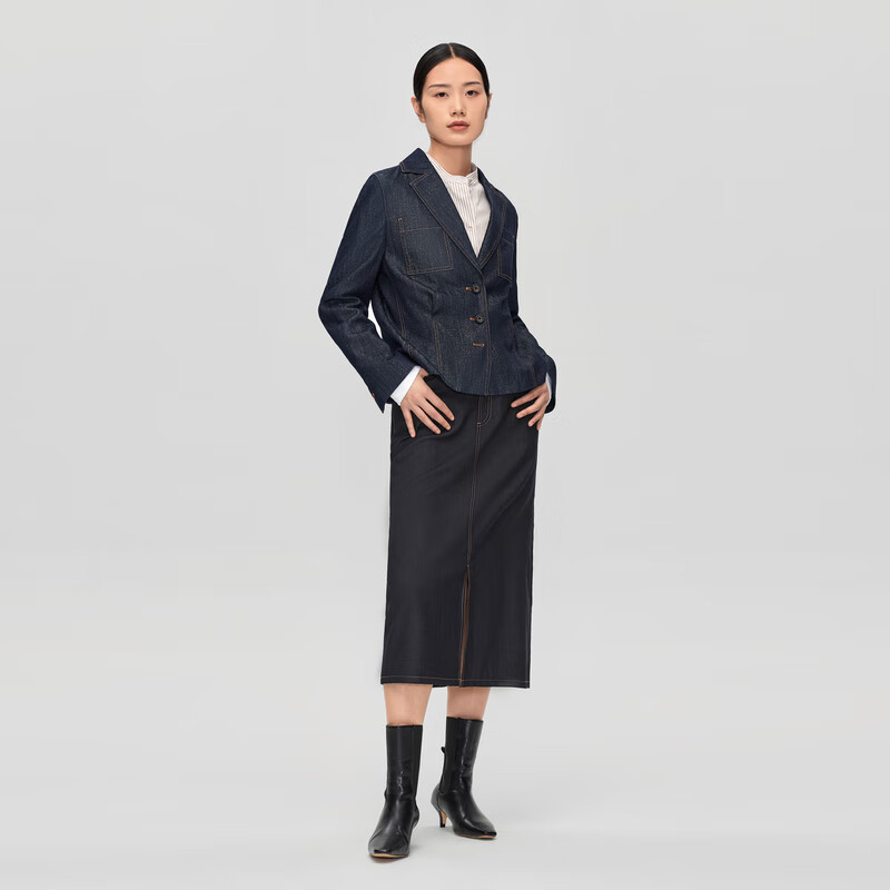 OVV2023秋冬新款女装意大利进口休闲平驳领牛仔单件西服外套 牛仔蓝（净色）A8 XL
