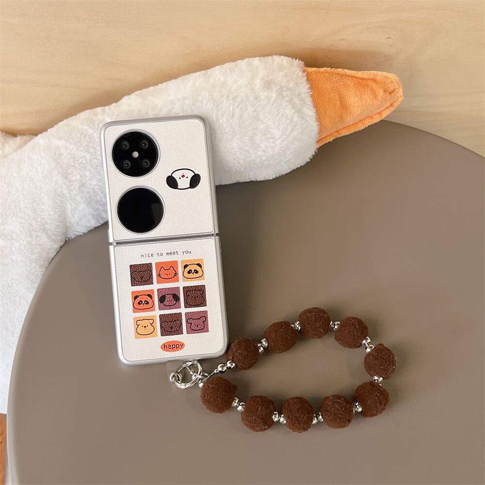 Hnew适用于华为pocket2手机壳新款ins可爱皮纹九宫格小动物P50 Pocket折叠宝盒保护套全包防摔女高级感 手绳款【九宫格小动物 白色皮纹】轻奢肤感 华为Pocket2