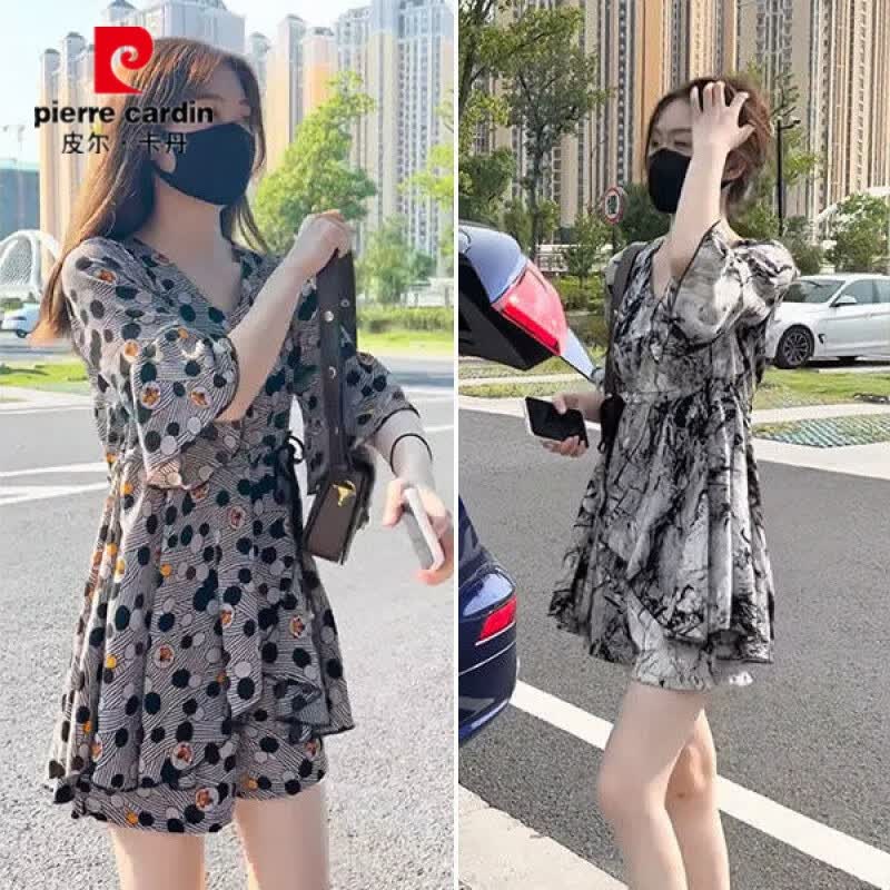皮尔卡丹(pierre cardin)夏季雪纺套装宽松高腰显瘦洋气时尚连衣裙大码女装胖mm短裤两件套 水墨色套装【连衣裙+裤子】 XL 建议【125-140斤】