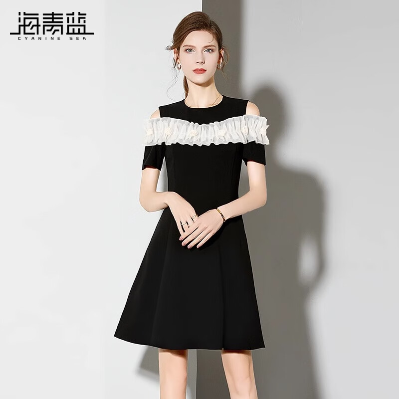 海青藍(lán)夏季新款法式優(yōu)雅氣質(zhì)設(shè)計(jì)感花瓣露肩收腰女裝連衣裙短袖禮服裙 黑色 XL