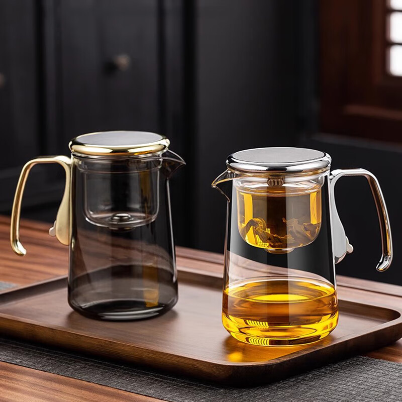 自像堂合金把飘逸杯泡茶壶一键过滤高档全玻璃内胆茶水分离杯内胆配件 鼓形合金飘逸杯【灰色550ml】