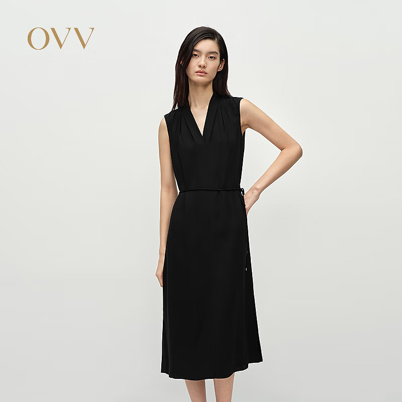 OVV2025春夏新款女装醋酸面料V领中款连衣裙经典小黑裙 赫本黑 L