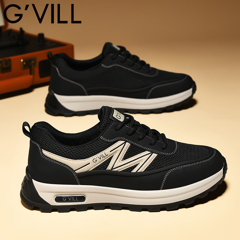 贵之步G'VILL夏季新款网面透气休闲鞋男士厚底软弹户外运动鞋潮流跑步鞋 黑色 （G1703) 42 （皮鞋码）