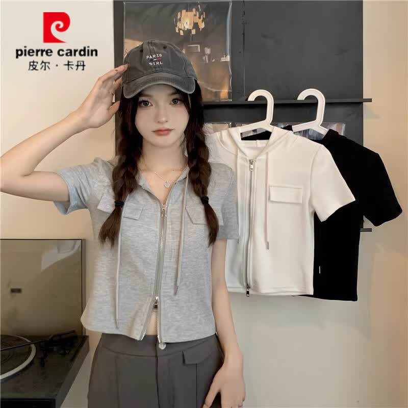 皮尔卡丹(pierre cardin)拉链连帽短袖t恤女2026夏季新款韩系修身显瘦遮肚子短款甜辣上衣 灰色【面料不起球不掉色】 M 建议86-100斤