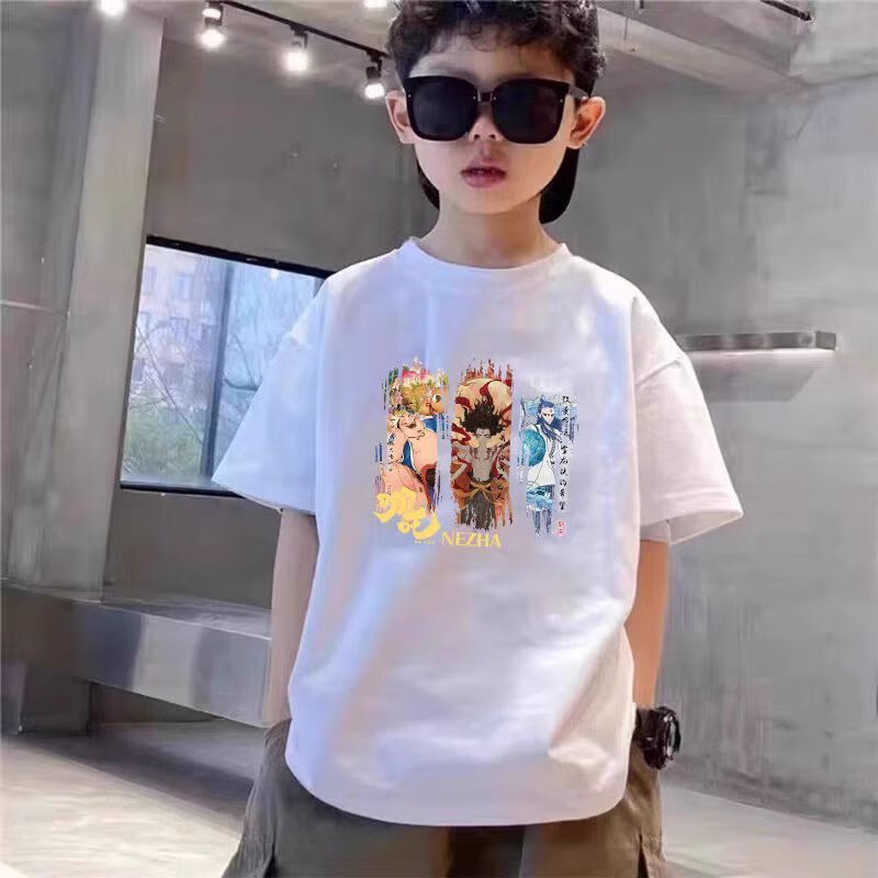 哪吒新款纯棉短袖T恤2025新款夏季男童中大童宽松纯棉短袖T恤 白色 100