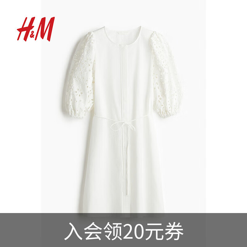 H&M女裝連衣裙2025春季新款鏤空刺繡純棉圓領(lǐng)泡泡袖及膝裙1275625 白色 XL 170/116