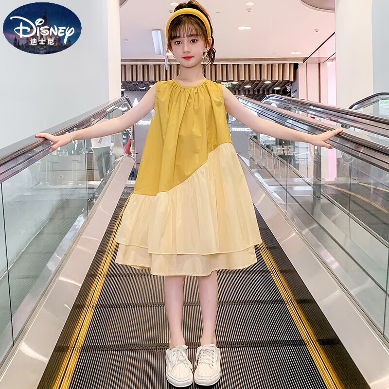迪士尼女童連衣裙2025新款夏季兒童薄款洋氣棉布裙大童夏裝女孩網(wǎng)紅裙子 黃色 120 cm