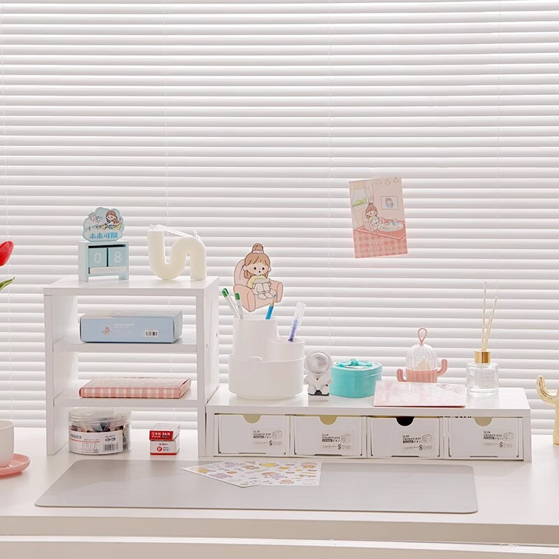 荟顾台式电脑增高架带抽屉显示器屏幕办公桌面置物架工位底座收纳支架 单层白色+收纳盒4个