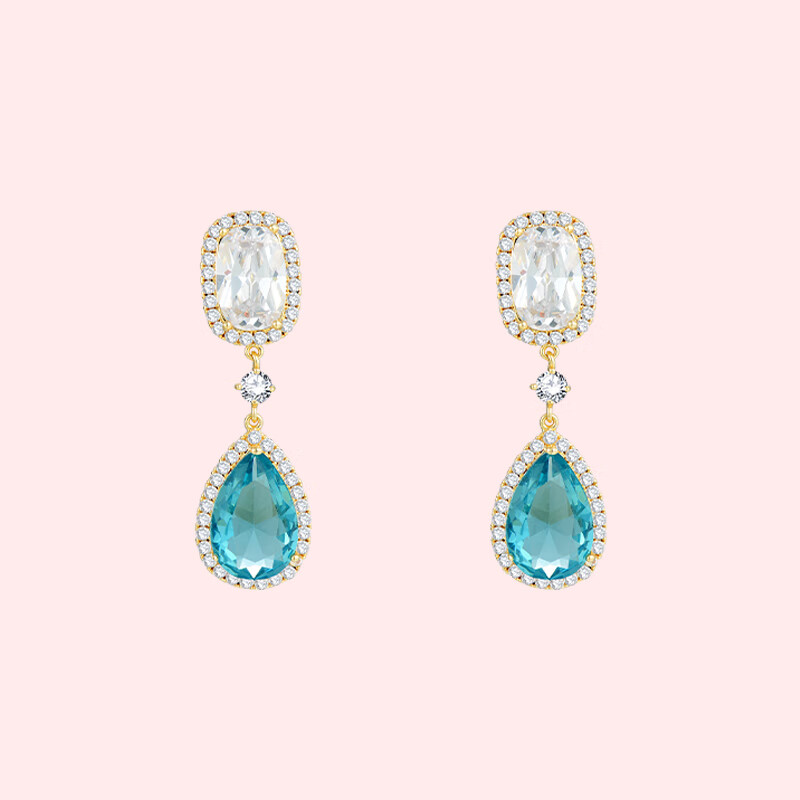 zhio一款两戴超仙优雅轻奢法式小众锆石水滴蓝宝石耳环无耳洞耳夹礼物