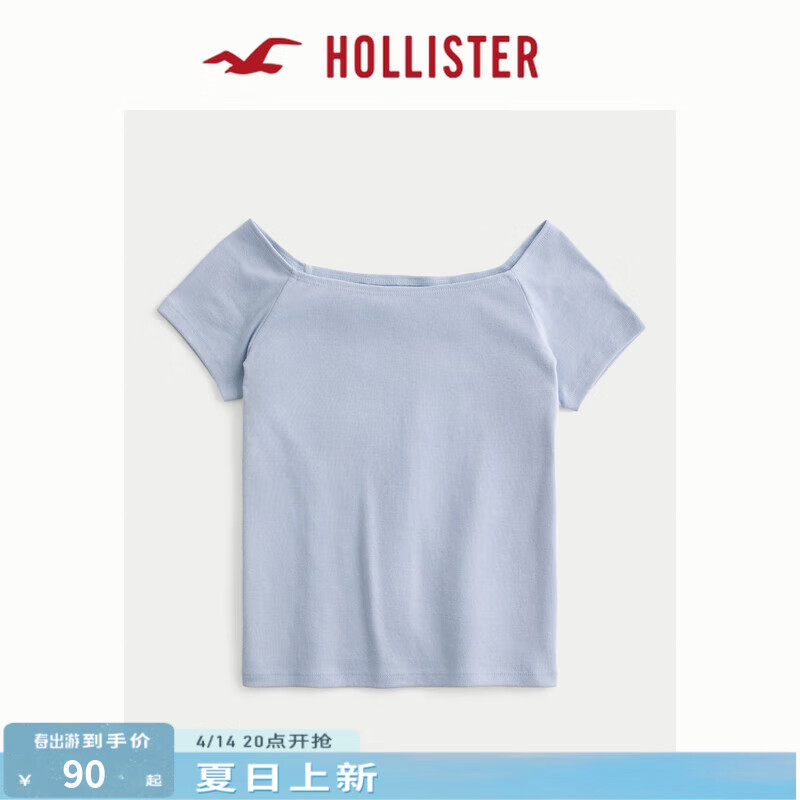 HOLLISTER25夏新款美式辣妹修身一字肩露肩短袖T恤女裝KI339-5064 淺藍(lán)色 S (165/88A)