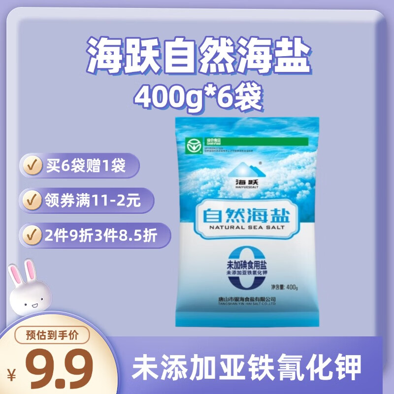 海跃  HAIYUESEALT自然海盐400g【未加碘】日晒海盐无抗结剂食用盐 6袋【共2.4kg】