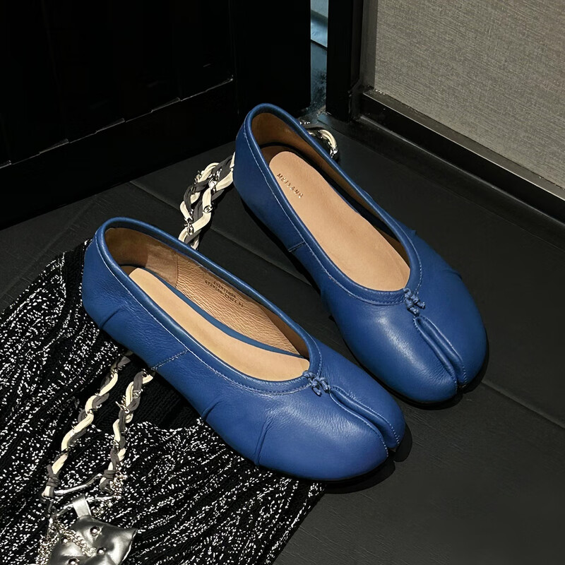 美洋（MEIYANG）英梨分趾单鞋 牛皮革|简约百搭小众捏褶平底鞋 蓝色 37