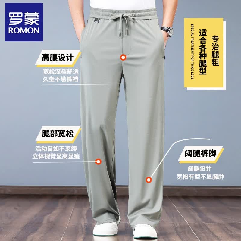 罗蒙桑蚕丝阔腿裤夏季薄款男士休闲裤中年爸爸宽松直筒冰.丝裤子男 灰绿色【夏季】  薄款 XL 建议【141-152】斤