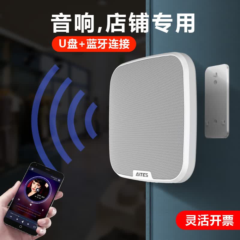 AITES2026新款店铺专用壁挂式蓝牙小音箱插U盘循环播放大音量服装店美容院棋牌室音响挂墙式剧本杀喇叭 布网灰色1台 官方标配