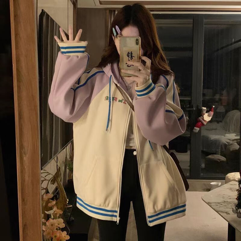 德洛賓軟妹可愛拼色棒球服女學(xué)生韓版學(xué)院風(fēng)外套少女春秋新款中大童寬松 紫色 S （80-100斤左右b