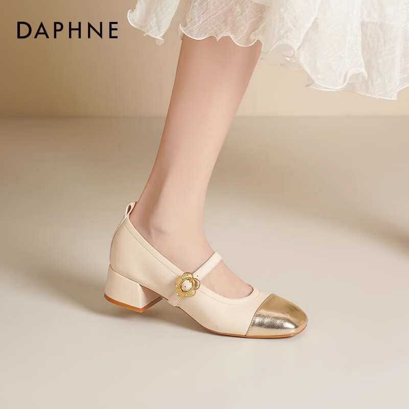 达芙妮玛丽珍女鞋2026春季新款气质花朵新中式拼色单鞋女粗跟高跟鞋JL 米金色【花朵搭扣】 跟高3.8cm 37