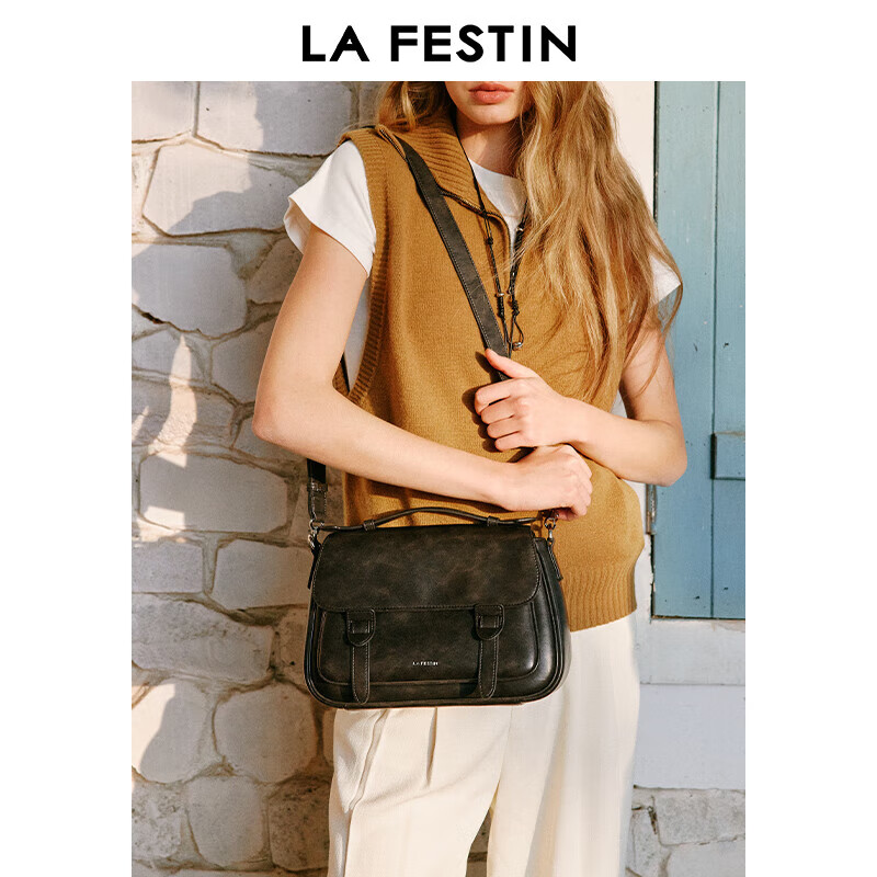 拉菲斯汀(La Festin)头层牛皮邮差包包女2025新款大容量单肩斜挎包通勤手提包 622508 【头层牛皮】暮色黑