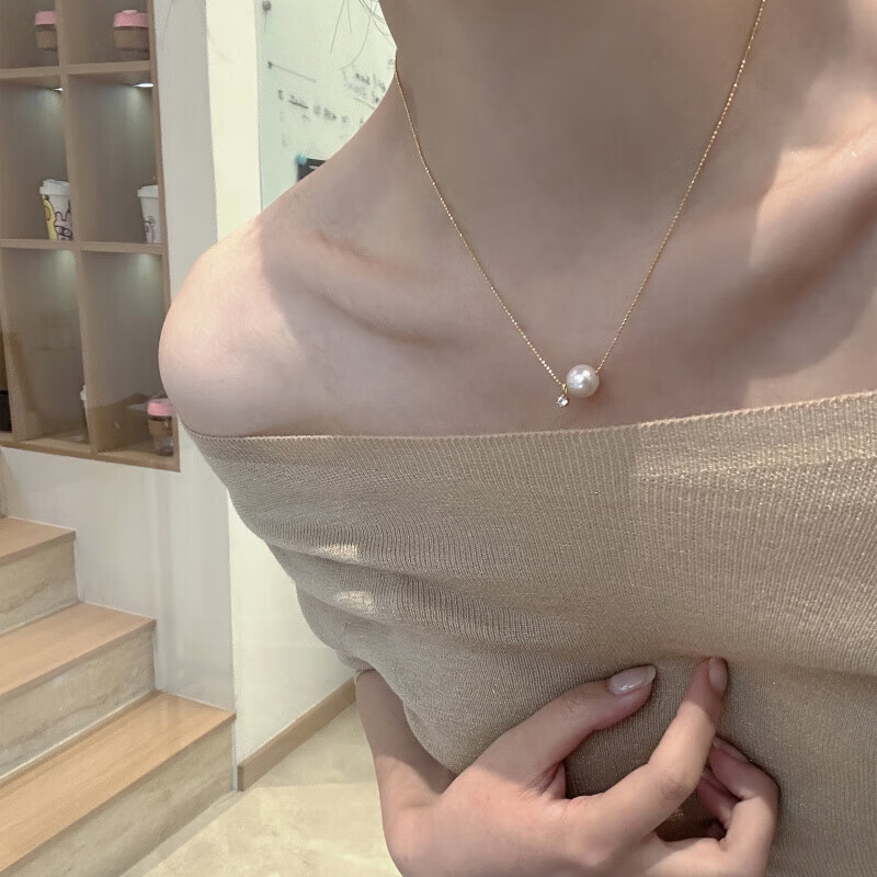胖东来品质珍珠项链日系单颗锆石銀女路路通颈链简 20258-8.5微瑕珍珠+金色色銀初版
