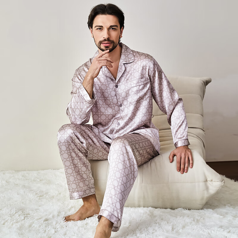 江南故事真丝睡衣女100%桑蚕丝美肤减龄情侣丝绸家居服长袖套装礼物秋冬 灰色【男款】 2XL