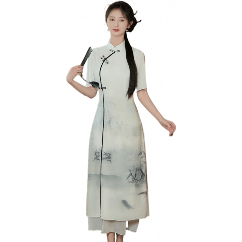 皮爾卡丹（pierre cardin）新中式改良奧黛旗袍2025新款年輕款復(fù)古中國風(fēng)修身顯瘦文藝茶藝服 5503水墨竹奧黛 S