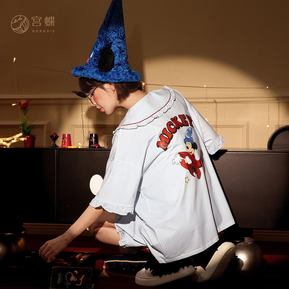 宫蝶正版联名迪士尼米奇睡衣女短袖凉感莫代尔棉休闲开衫家居服夏 魔法米奇短袖套装 XL （建议120-140斤）