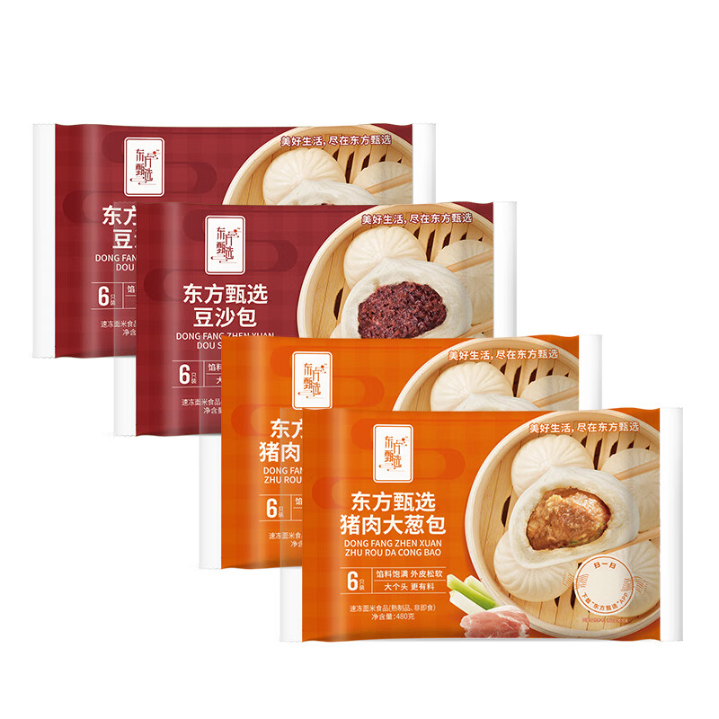 东方甄选早餐大包子4袋装480g/6只/袋 精选美味面点包子速冻半成品 猪肉大葱包*2+豆沙包*2