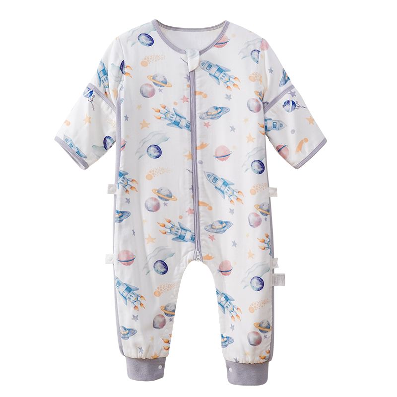 貝谷貝谷睡袋嬰兒睡袋春夏季竹棉紗布兒童防踢被子寶寶分腿睡袋新生兒睡衣 星球飛船 竹棉前6后4【20-25℃】 S碼【身高75-85cm】年齡6月-2歲