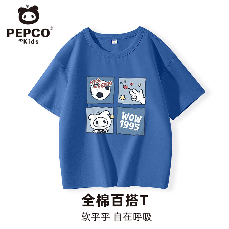 小猪班纳男童短袖T恤纯棉款女童夏季半袖2026新款时髦儿童休闲运动上衣 靛蓝/X四格小猪 150 （体重68-80）