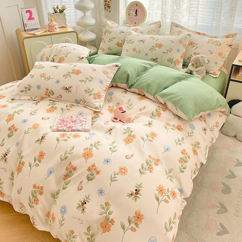 羽匠加厚磨毛小清新印花四件套学生宿舍套件家用床单柔软四件套秋冬季 春田花花 床单款 床四件套(被套200*230cm)