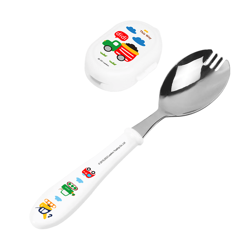 联扣儿童餐具勺叉一体宝宝叉勺316不锈钢带盖叉子勺子 【316】树脂便当勺车A+白色勺盖