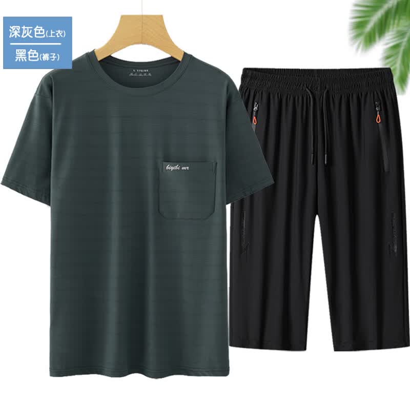 银昕老头冰丝短袖短裤套装男中老年爸爸夏装运动男老人速干T恤七分裤 深灰色 XL 180码 适合165/185斤